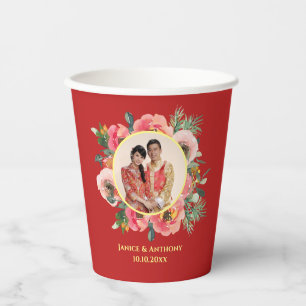 Modern pink floral wreath chinese wedding photo paper cups