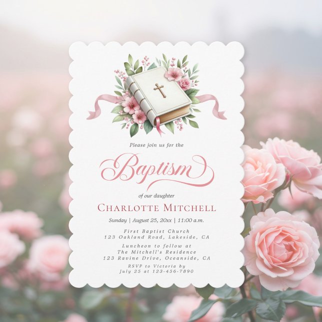 Modern Pink Flower Baptism Invitation (Creator Uploaded)