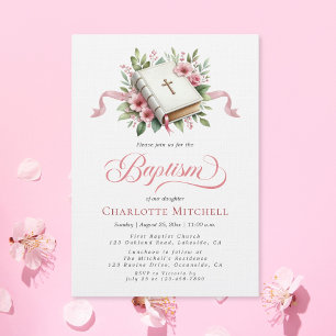 Modern Pink Flower Bible Baptism Invitation