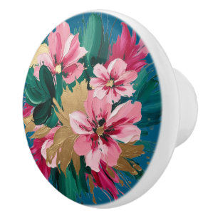Modern Pink Flower Cluster with Gold Leaf Flourish Ceramic Knob