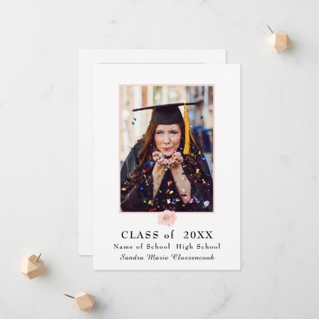 Modern, Pink Flower floral graduation announcement (Front/Back In Situ)