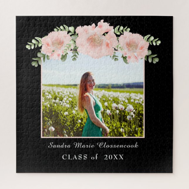 Modern, Pink Flower floral graduation class 2021 Jigsaw Puzzle (Vertical)