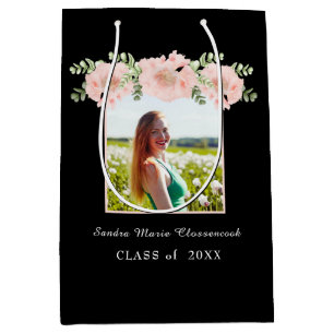 Modern, Pink Flower floral graduation class 2021 W Medium Gift Bag
