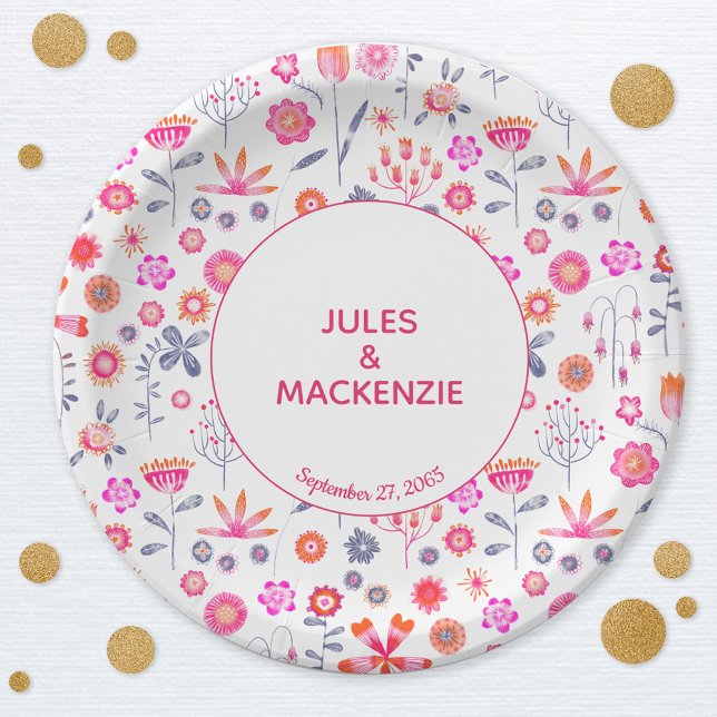 Modern Pink Flower Garden Boho Paper Plate (Modern floral pink wedding party paper plates)