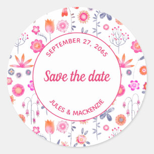 Modern Pink Flower Garden Boho Save the Date Classic Round Sticker