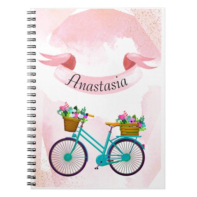 Modern Pink Flowers Bicycles Notebook (Front)