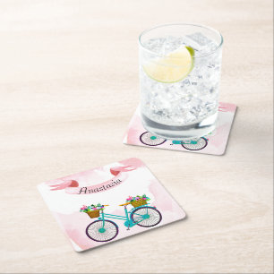 Modern Pink Flowers Bicycles  Square Paper Coaster