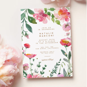 Modern Pink Flowers Gold Garden Bridal Shower Invitation