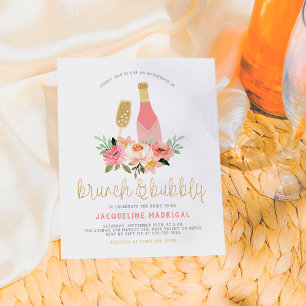 Modern Pink Flowers & Gold Glitter Brunch & Bubbly Invitation Postcard