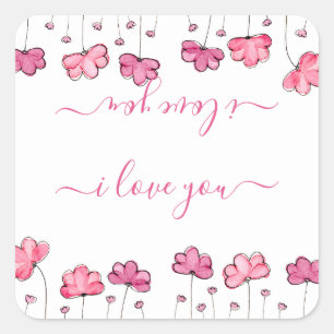 Modern Pink Flowers, I love you Square Sticker