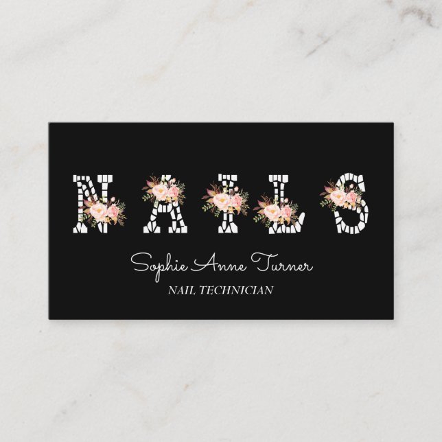 Modern Pink Flowers Letter Nail Technician Business Card (Front)