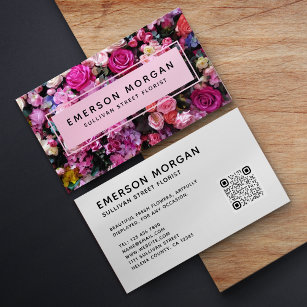 Modern Pink Flowers QR Code Florist Business Card