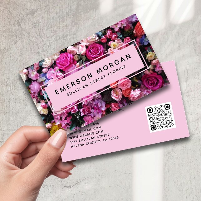 Modern Pink Flowers QR Code Florist Business Card (Creator Uploaded)