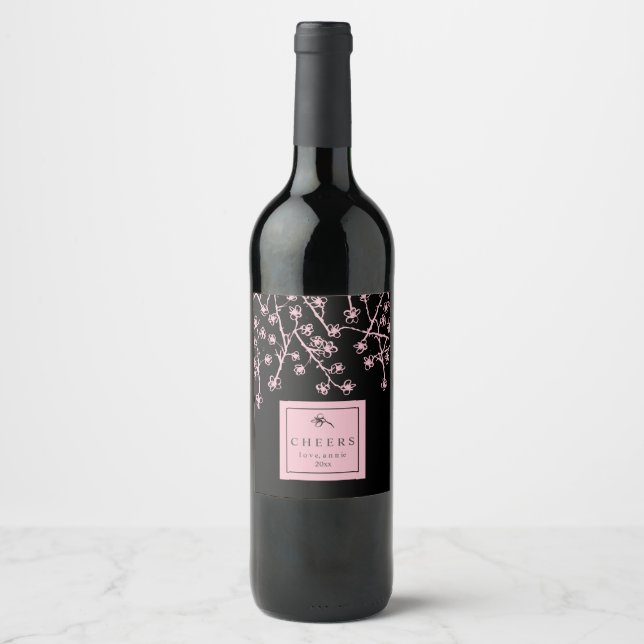 Modern Pink Flowers Wine Label (Front)