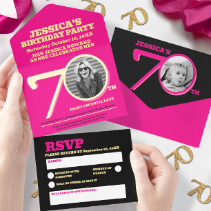  Modern pink foil two photos 70th Birthday All In One Invitation