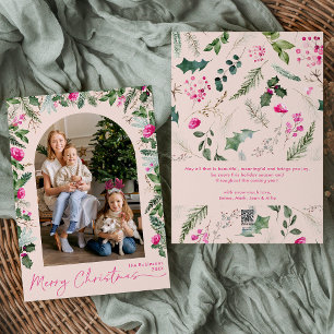 Modern Pink Foliage Arch Merry Christmas 1 Photo Holiday Card