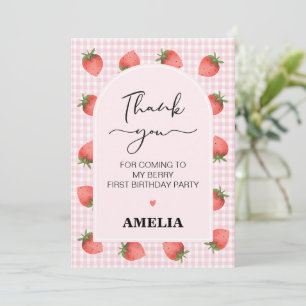 Modern Pink Gingham Berry Sweet 1st Birthday Card