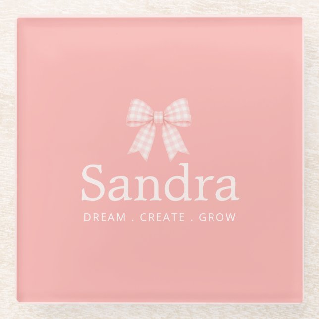 Modern Pink Gingham Bow Name Quote Glass Coaster (Front)