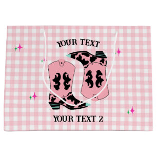 Modern Pink Gingham Cowgirl Boots Rodeo Large Gift Bag