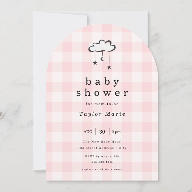 Modern Pink Gingham Mobile Baby Shower Invitation (Front)