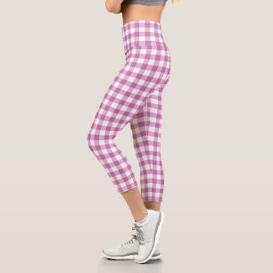 Modern Pink Gingham Plaid Pattern Capri Leggings