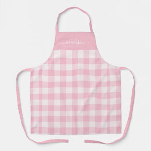 Modern pink gingham script name apron