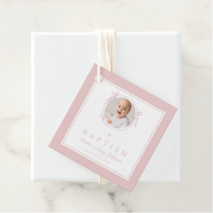 Modern Pink Girl Baptism Photo Favour Tags