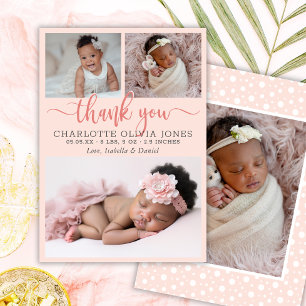 Modern Pink Girl Birth Photo Collage Announcement