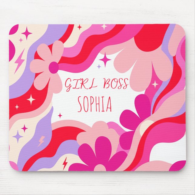 Modern Pink Girl Boss Personalised Name Mouse Pad (Front)