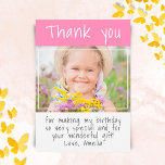 Modern Pink Girl Custom Photo Birthday  Thank You Card<br><div class="desc">Modern Pink Girl Custom Photo Birthday Thank You Card. Modern thank you postcard for kids with a pink and white background,  thank you text and your message and name. Personalise with your favourite photo of a birthday girl. Thank your friends and family for their gifts and wishes.</div>