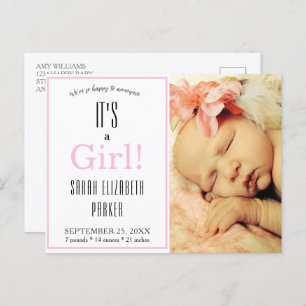 Modern Pink Girl Photo Birth Announcement Postcard