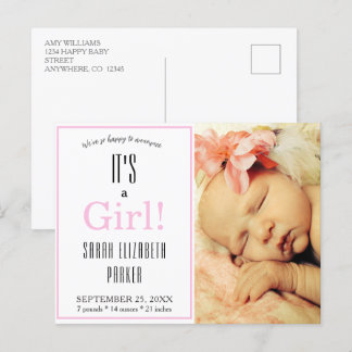 Modern Pink Girl Photo Birth Announcement Postcard