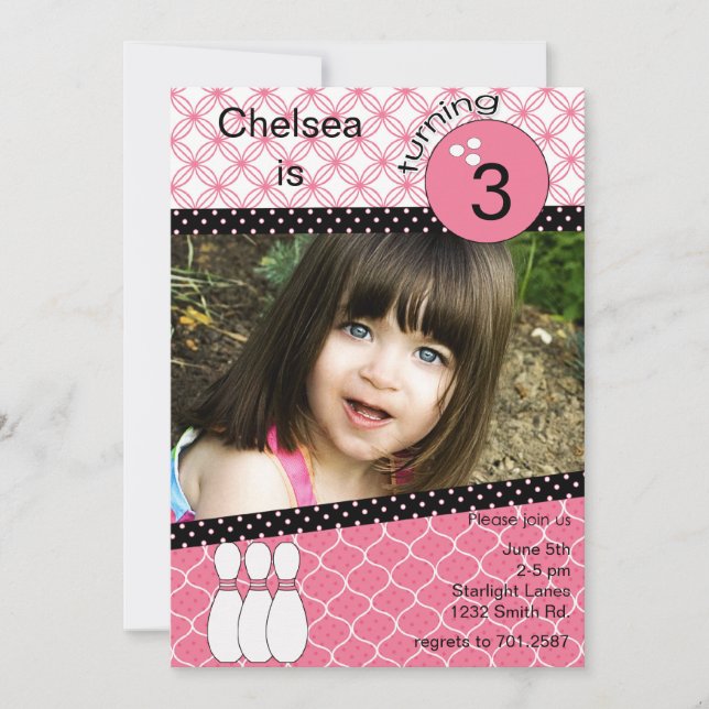 Modern pink girls bowling invitation with photo (Front)