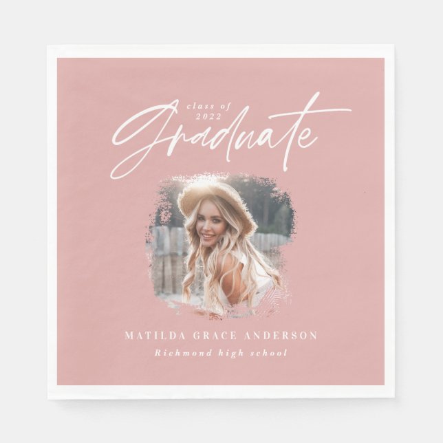 Modern pink girly script photo elegant graduation napkin (Front)