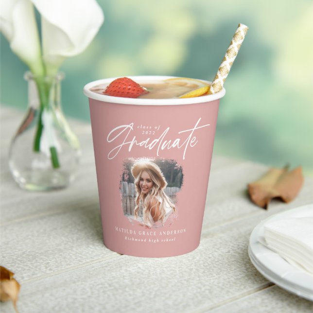 Modern pink girly script photo elegant graduation paper cups (Insitu)