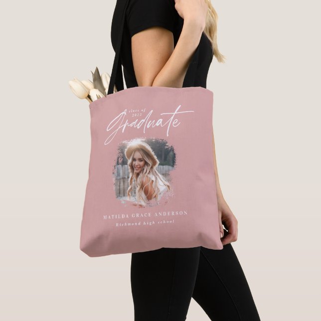 Modern pink girly script photo elegant graduation tote bag (Close Up)