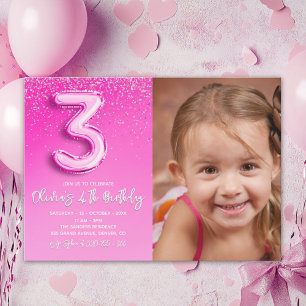 Modern Pink Glitter Balloon 3rd Birthday Photo  Invitation