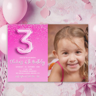 Modern Pink Glitter Balloon 3rd Birthday Photo Invitation
