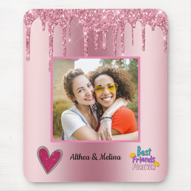 Modern Pink Glitter Besties Customisable  Mouse Pad (Front)