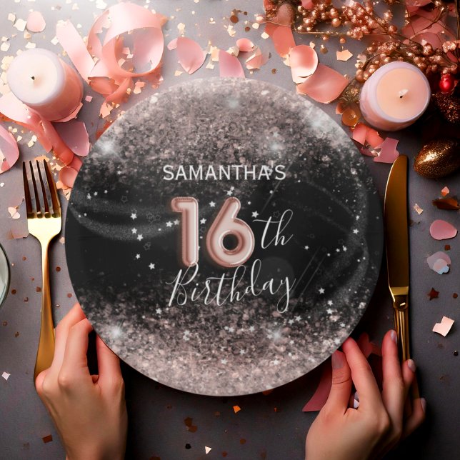 Modern Pink Glitter & Black 16th Birthday  Paper Plate (Creator Uploaded)