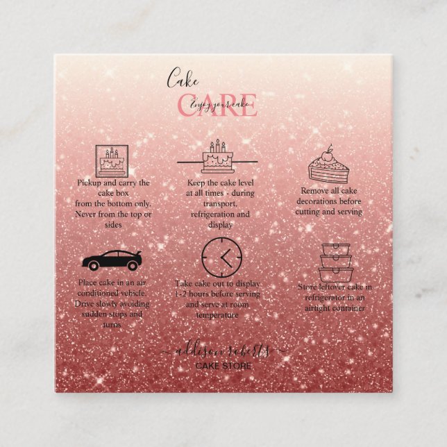 Modern Pink Glitter Cake Care  Square Business Card (Front)