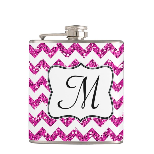 Modern Pink Glitter Chevron Monogram Whiskey Flask (Front)