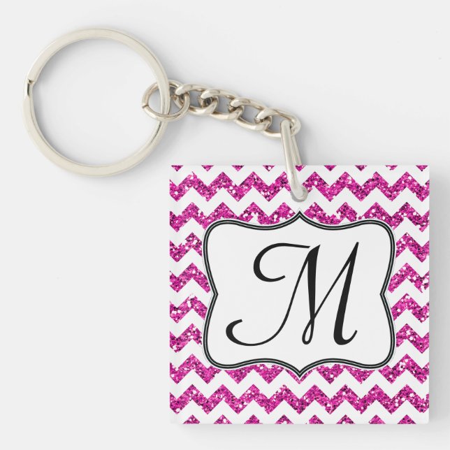Modern Pink Glitter Chevron Zig Zag Key Chain (Front)