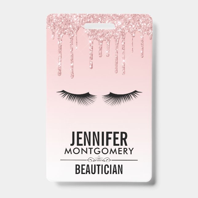 Modern Pink Glitter Drips & Black Eyelashes ID Badge (Front)