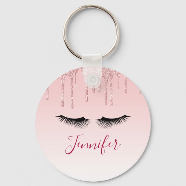 Modern Pink Glitter Drips & Black Eyelashes Key Ring (Front)