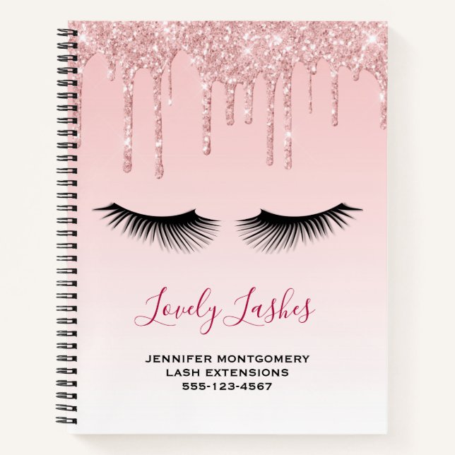 Modern Pink Glitter Drips & Black Eyelashes Notebook (Front)