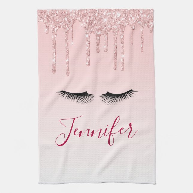 Modern Pink Glitter Drips & Black Eyelashes Tea Towel (Vertical)