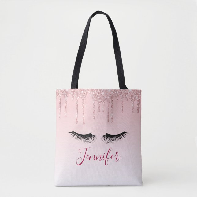 Modern Pink Glitter Drips & Black Eyelashes Tote Bag (Front)