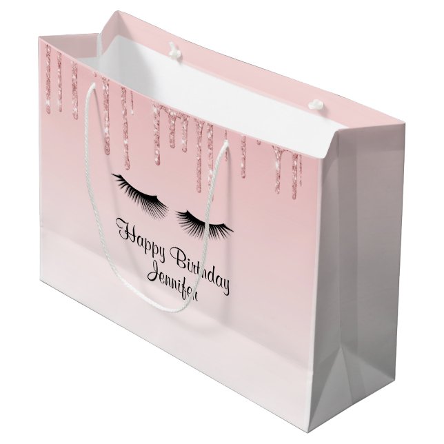 Modern Pink Glitter Drips & Eyelashes Birthday Large Gift Bag (Front Angled)