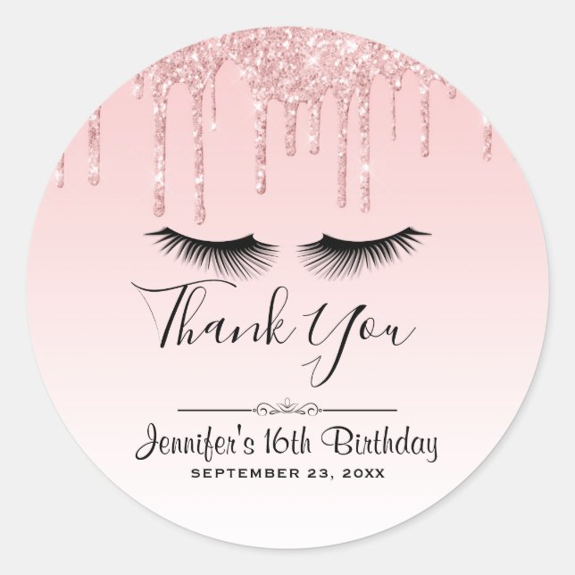 Modern Pink Glitter Drips & Eyelashes Thank You Classic Round Sticker (Front)